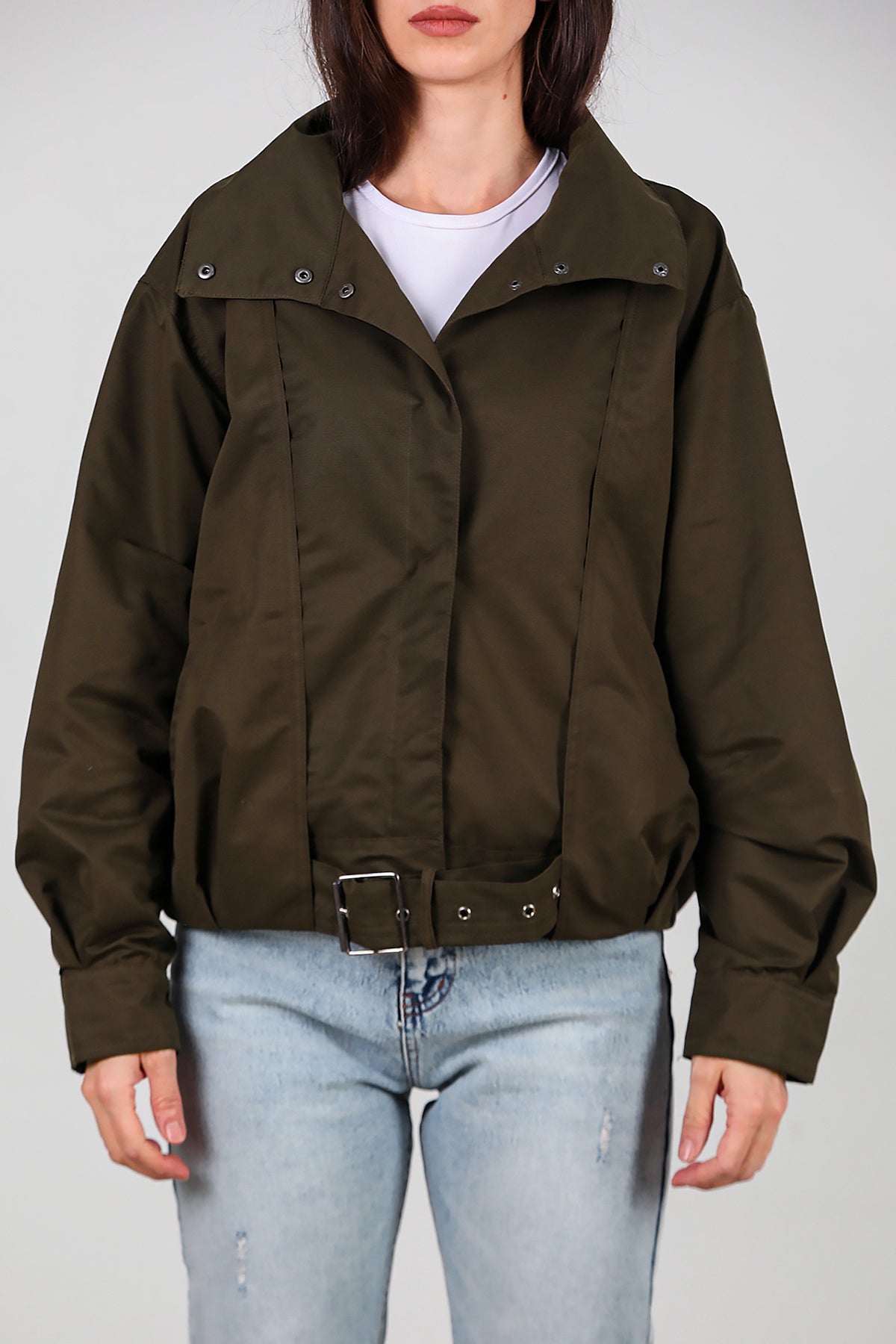 Kadın Çıtçıtlı Pile Detay Kısa Trençkot Haki