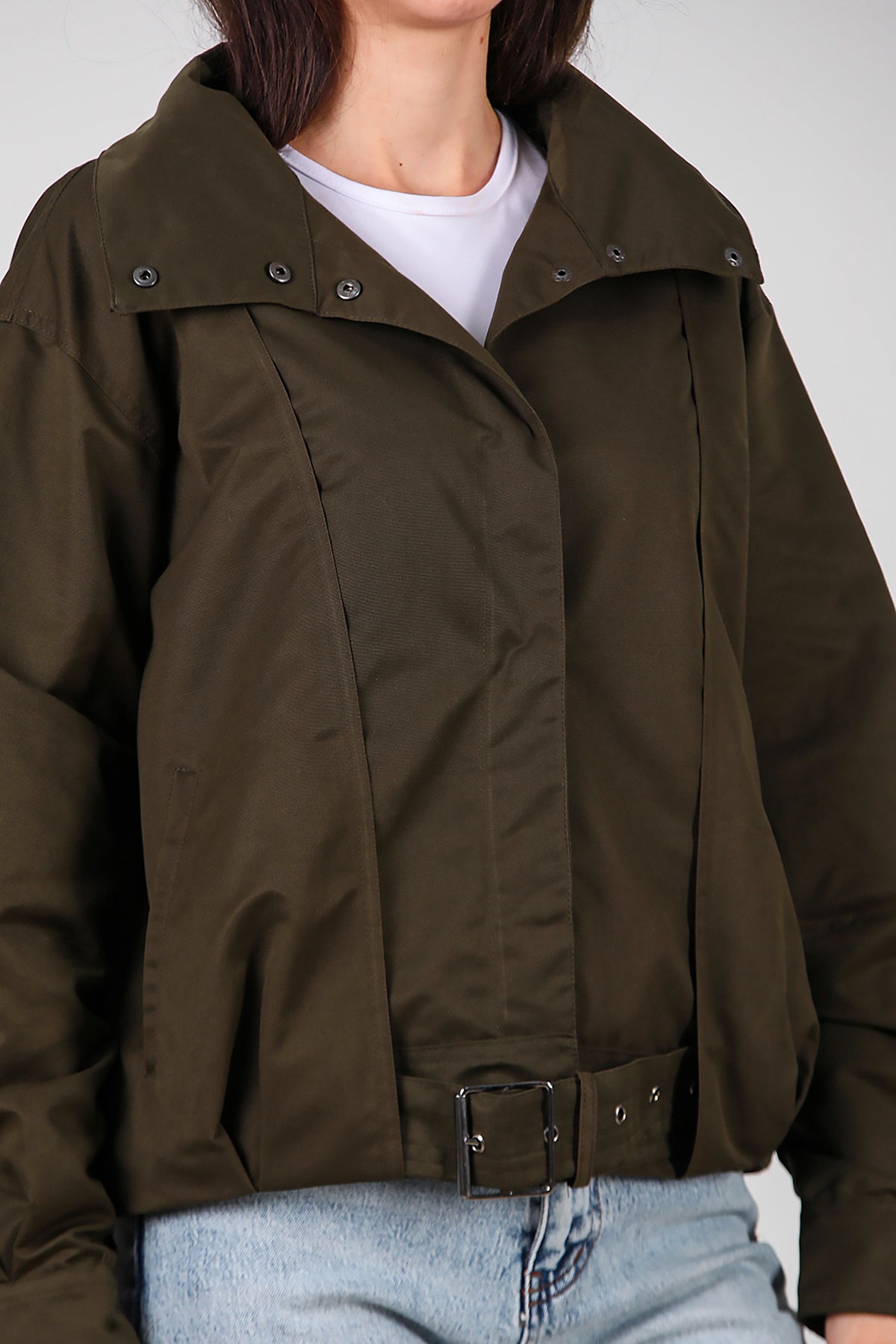 Kadın Çıtçıtlı Pile Detay Kısa Trençkot Haki