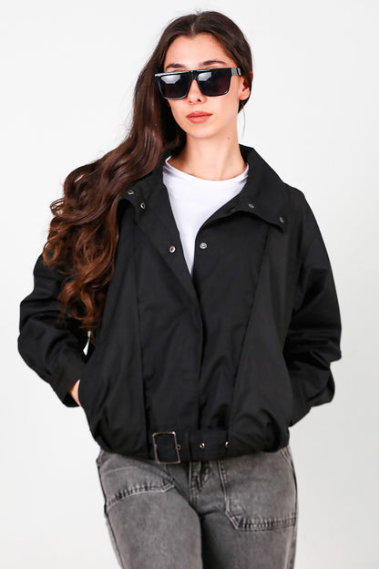 Kadın Çıtçıtlı Pile Detay Kısa Trençkot Siyah