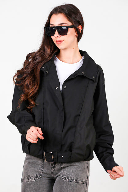 Kadın Çıtçıtlı Pile Detay Kısa Trençkot Siyah