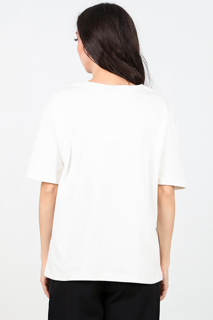 Kadın Fiyonk Detaylı Bisiklet Yaka T-shirt Ekru
