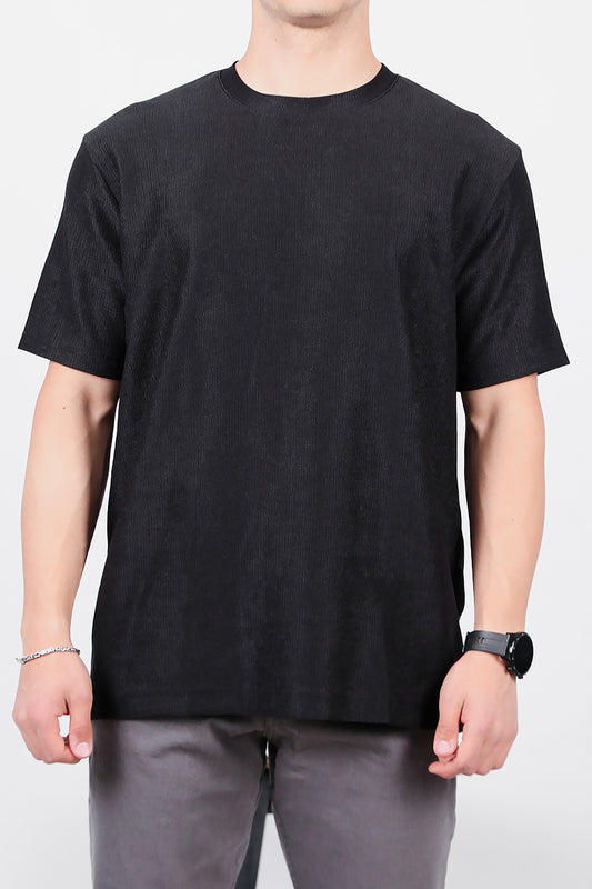Erkek Dokuma Bisiklet Yaka T-shirt Siyah