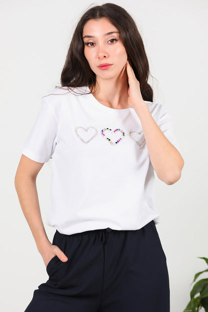 Kadın Taş İşlemeli T-shirt Beyaz