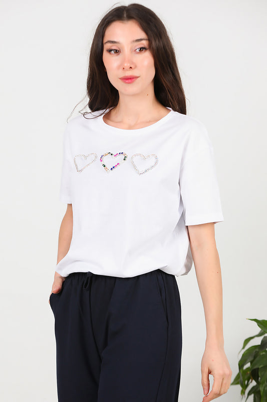 Kadın Taş İşlemeli T-shirt Beyaz