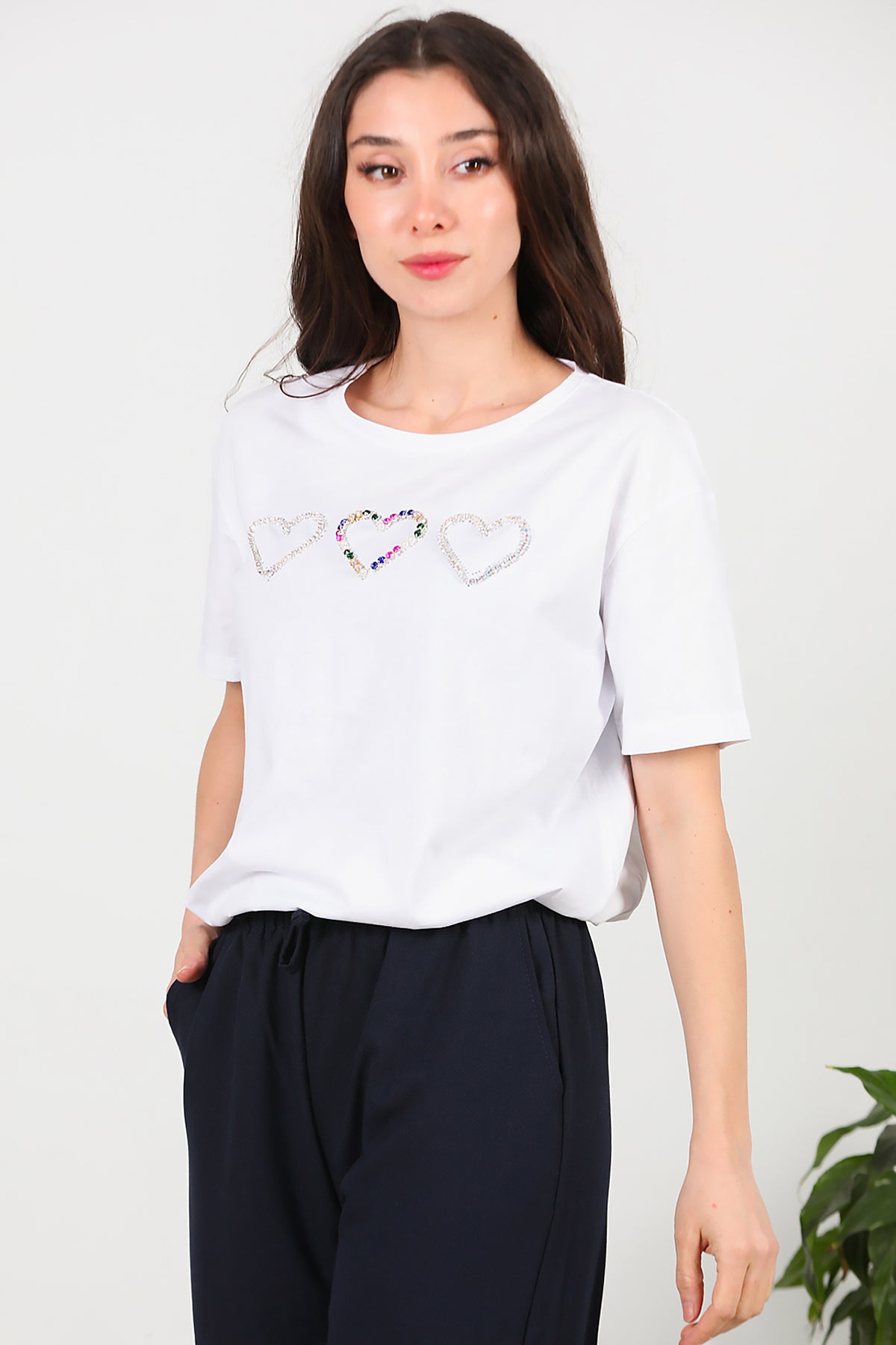 Kadın Taş İşlemeli T-shirt Beyaz