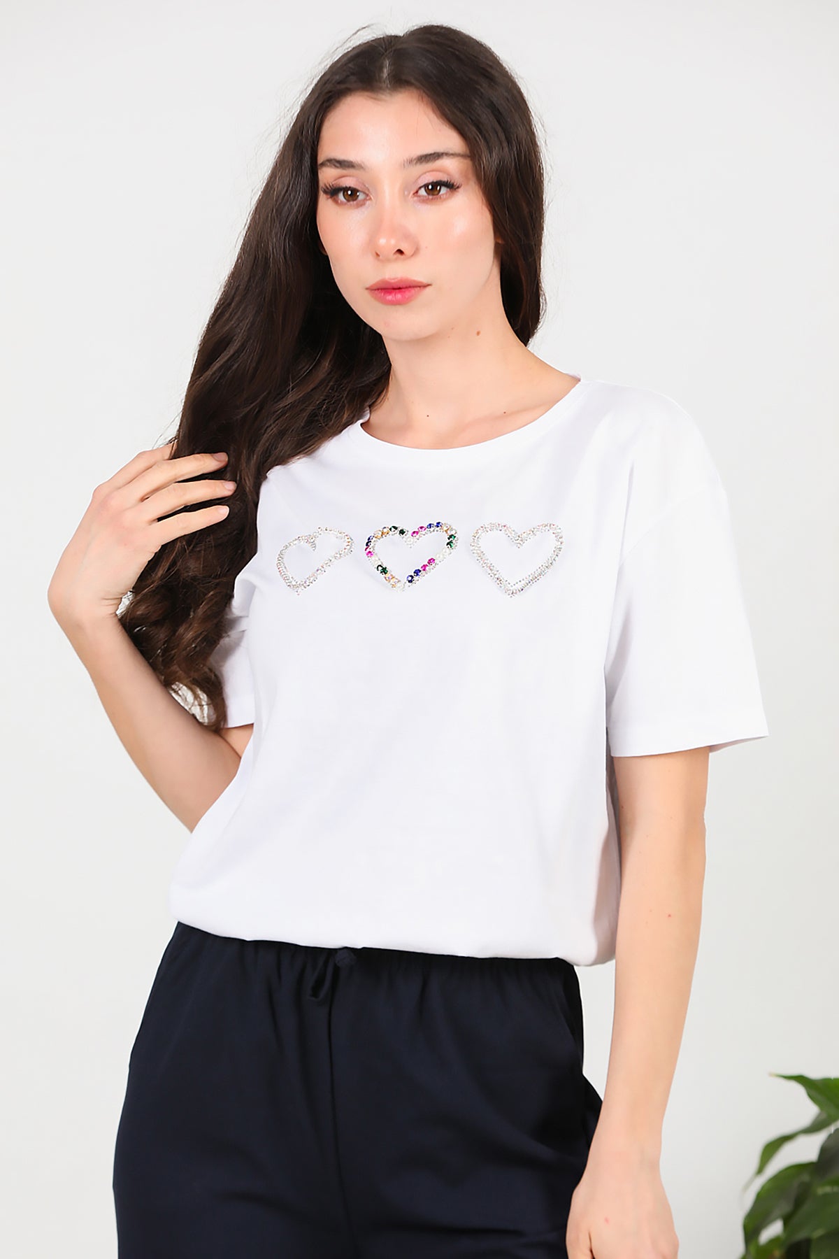 Kadın Taş İşlemeli T-shirt Beyaz
