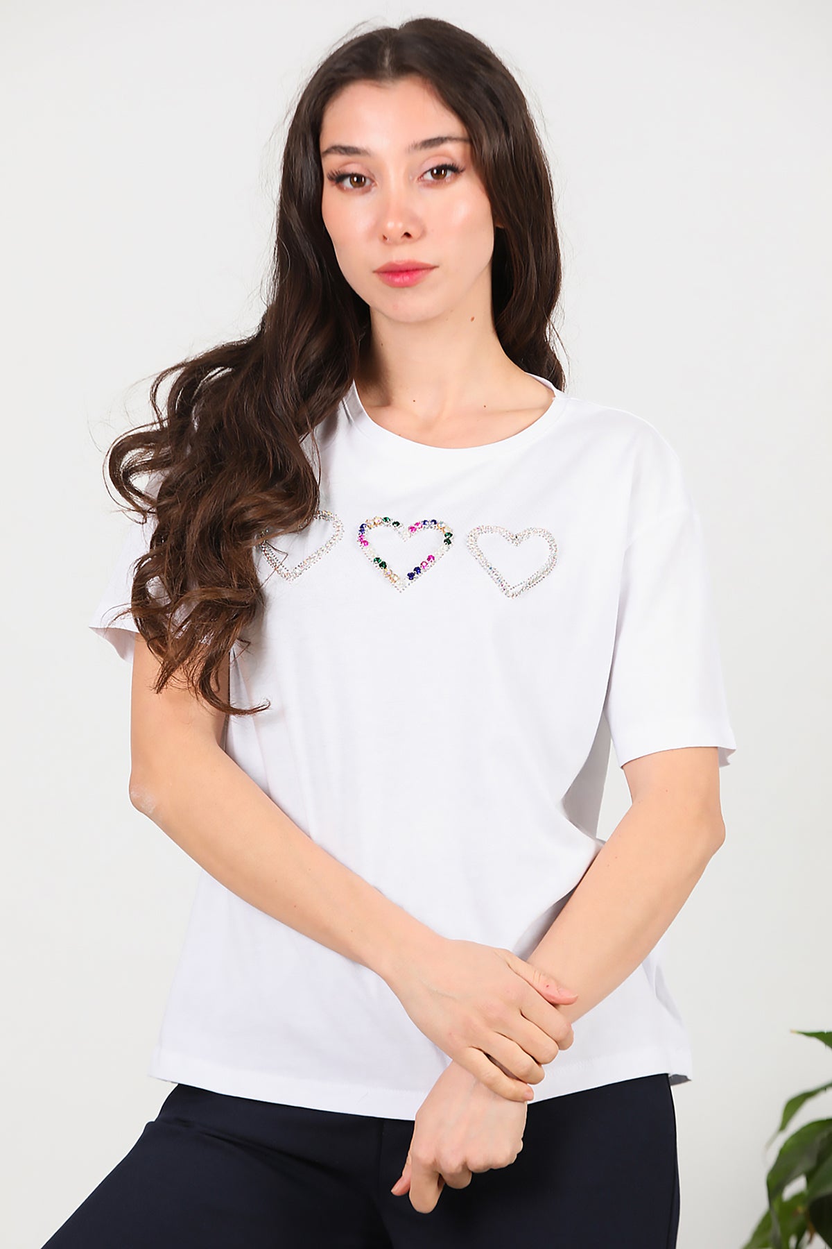 Kadın Taş İşlemeli T-shirt Beyaz