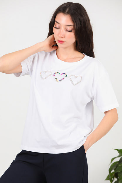 Kadın Taş İşlemeli T-shirt Beyaz