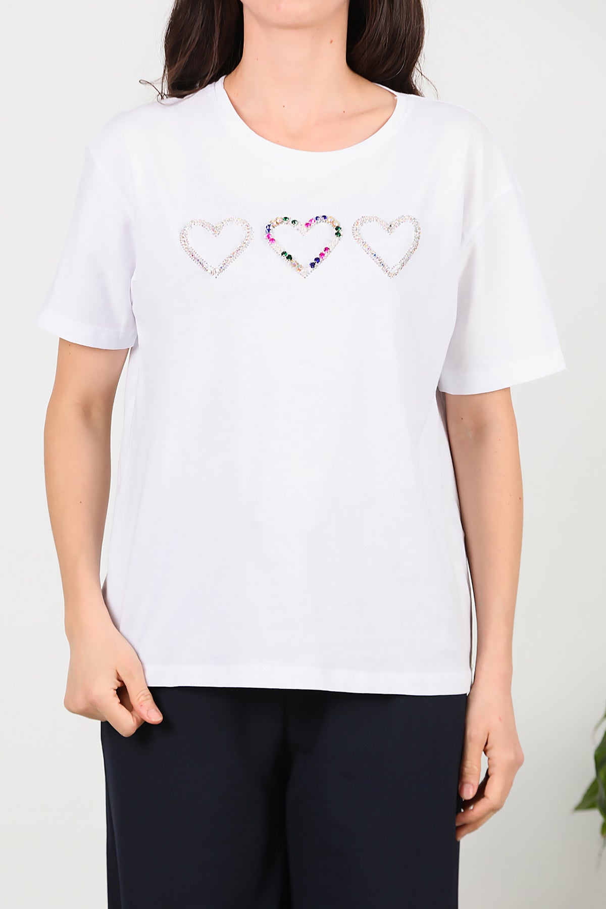 Kadın Taş İşlemeli T-shirt Beyaz