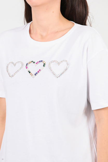Kadın Taş İşlemeli T-shirt Beyaz