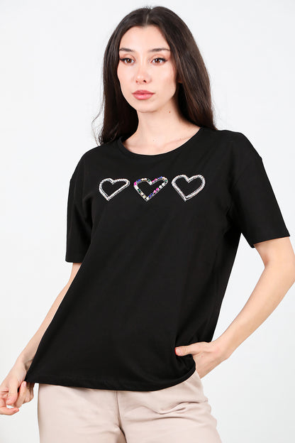 Kadın Taş İşlemeli T-shirt Siyah