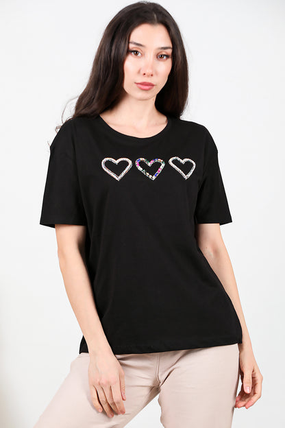 Kadın Taş İşlemeli T-shirt Siyah