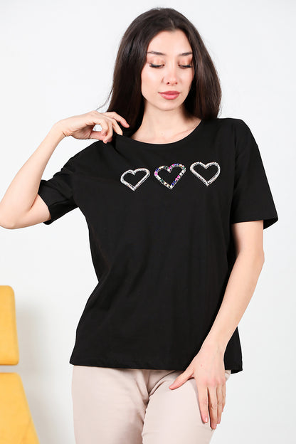 Kadın Taş İşlemeli T-shirt Siyah