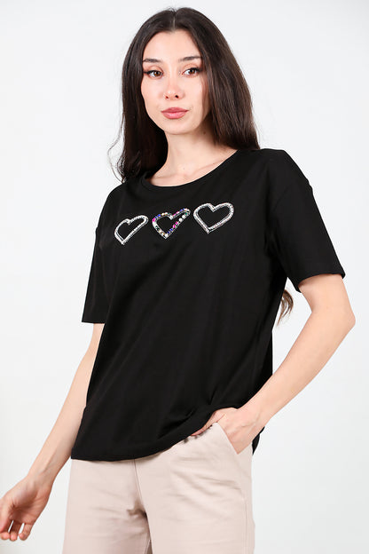 Kadın Taş İşlemeli T-shirt Siyah