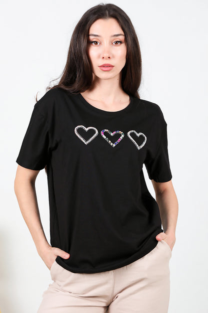 Kadın Taş İşlemeli T-shirt Siyah