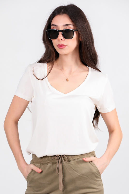 Kadın V Yaka T-shirt Ekru