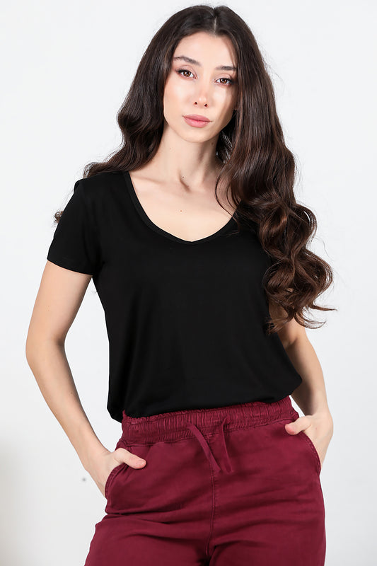 Kadın V Yaka T-shirt Siyah