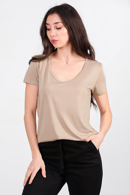 Kadın V Yaka T-shirt Taş