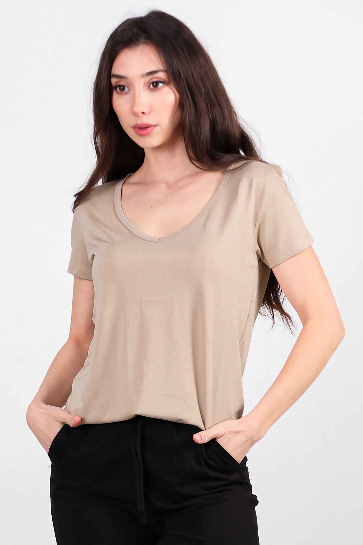 Kadın V Yaka T-shirt Taş