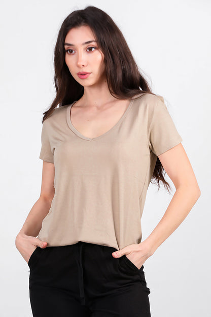 Kadın V Yaka T-shirt Taş