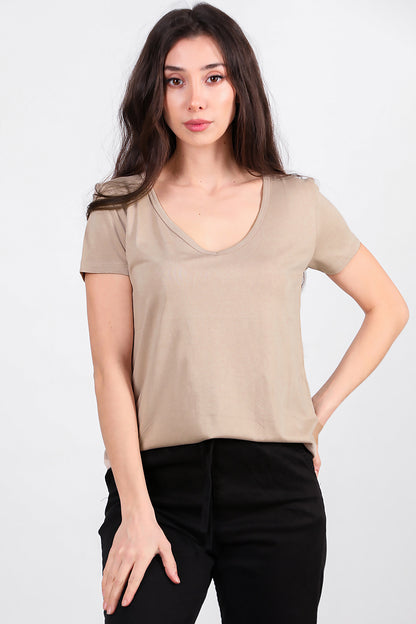 Kadın V Yaka T-shirt Taş