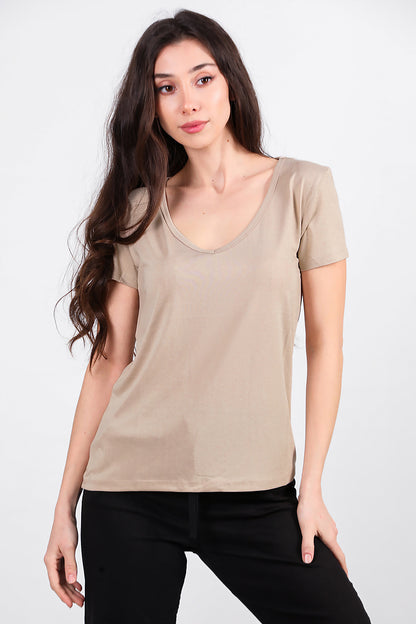 Kadın V Yaka T-shirt Taş