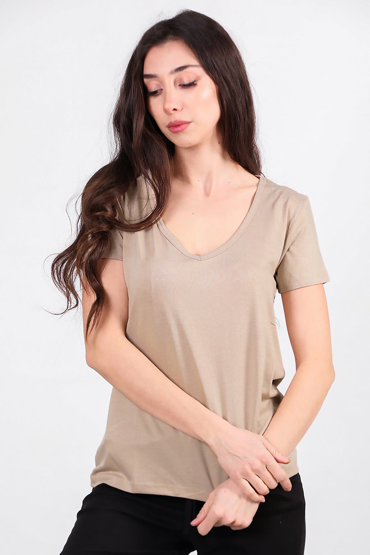 Kadın V Yaka T-shirt Taş