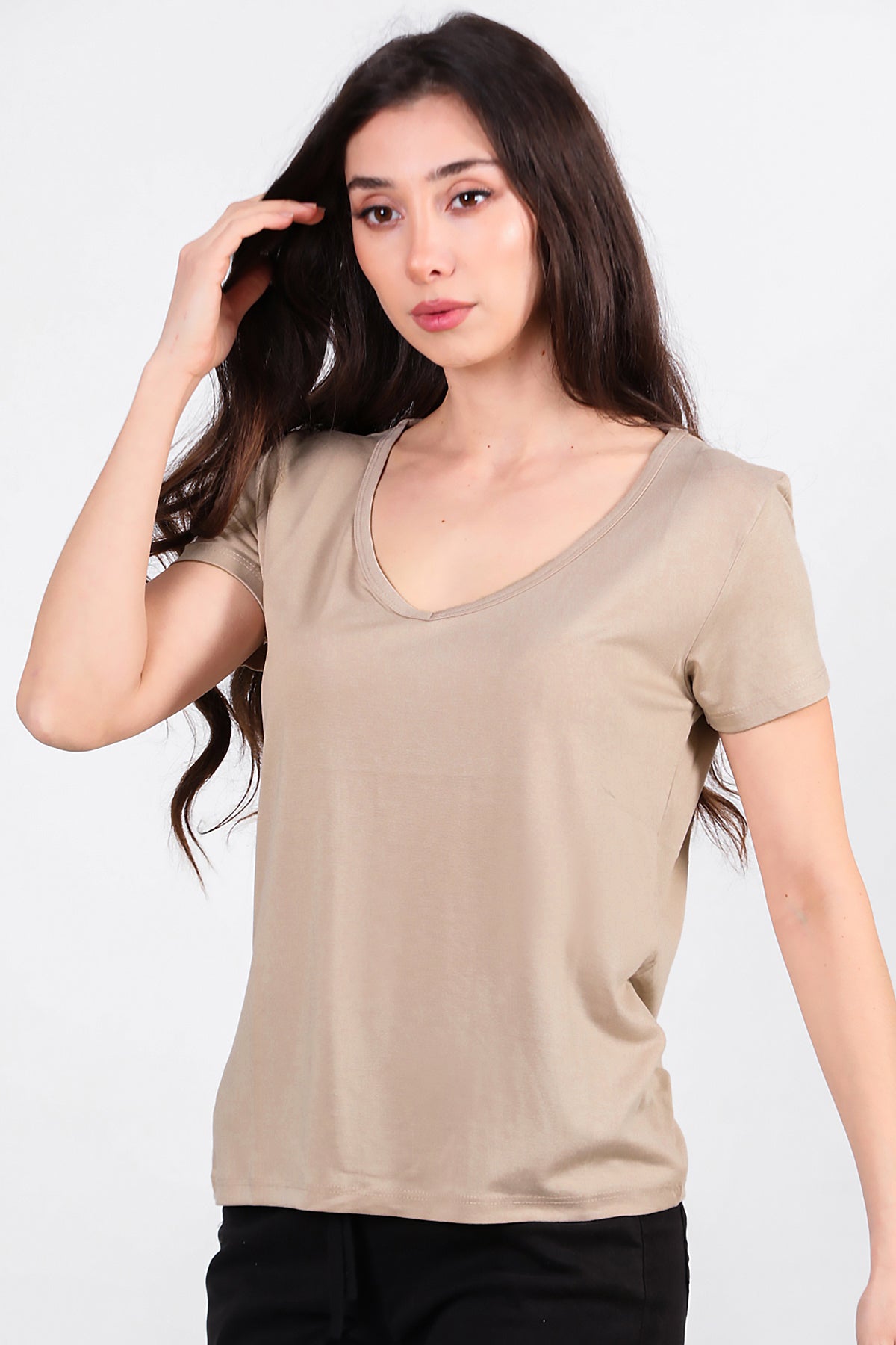 Kadın V Yaka T-shirt Taş