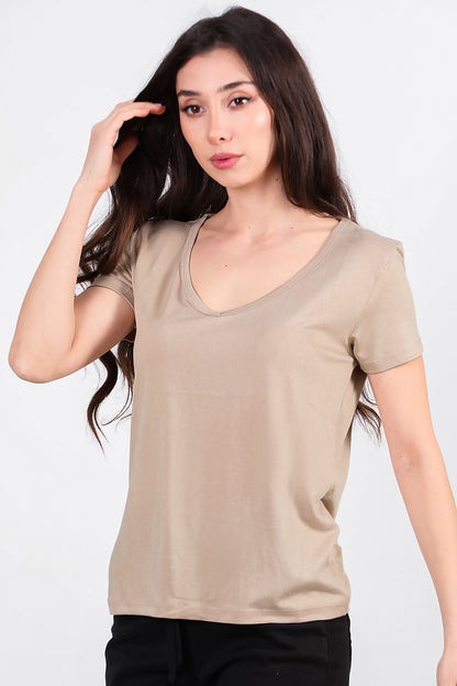 Kadın V Yaka T-shirt Taş
