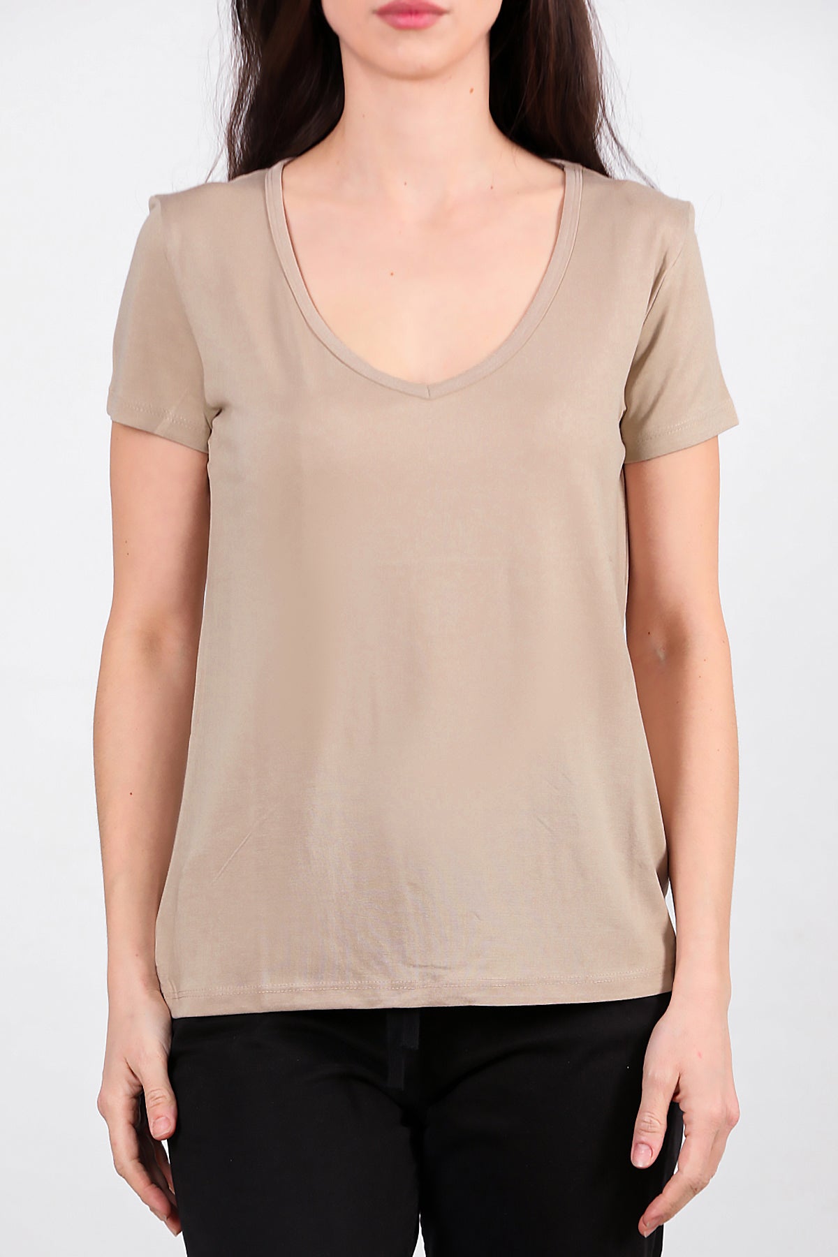 Kadın V Yaka T-shirt Taş