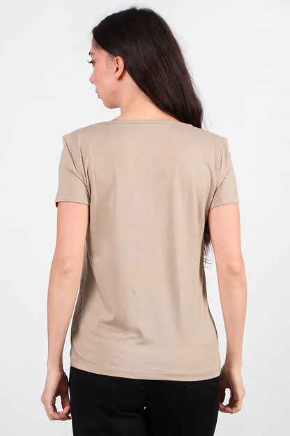 Kadın V Yaka T-shirt Taş