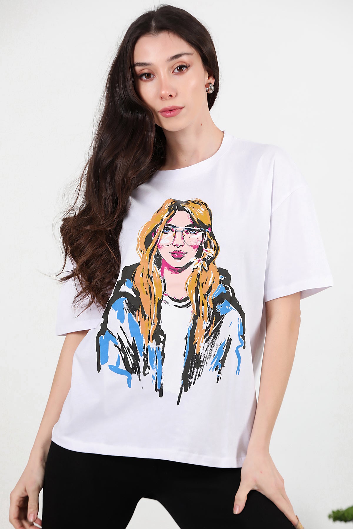 Kadın Baskılı Oversize T-shirt Ekru