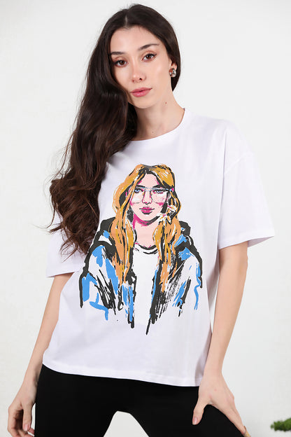Kadın Baskılı Oversize T-shirt Ekru