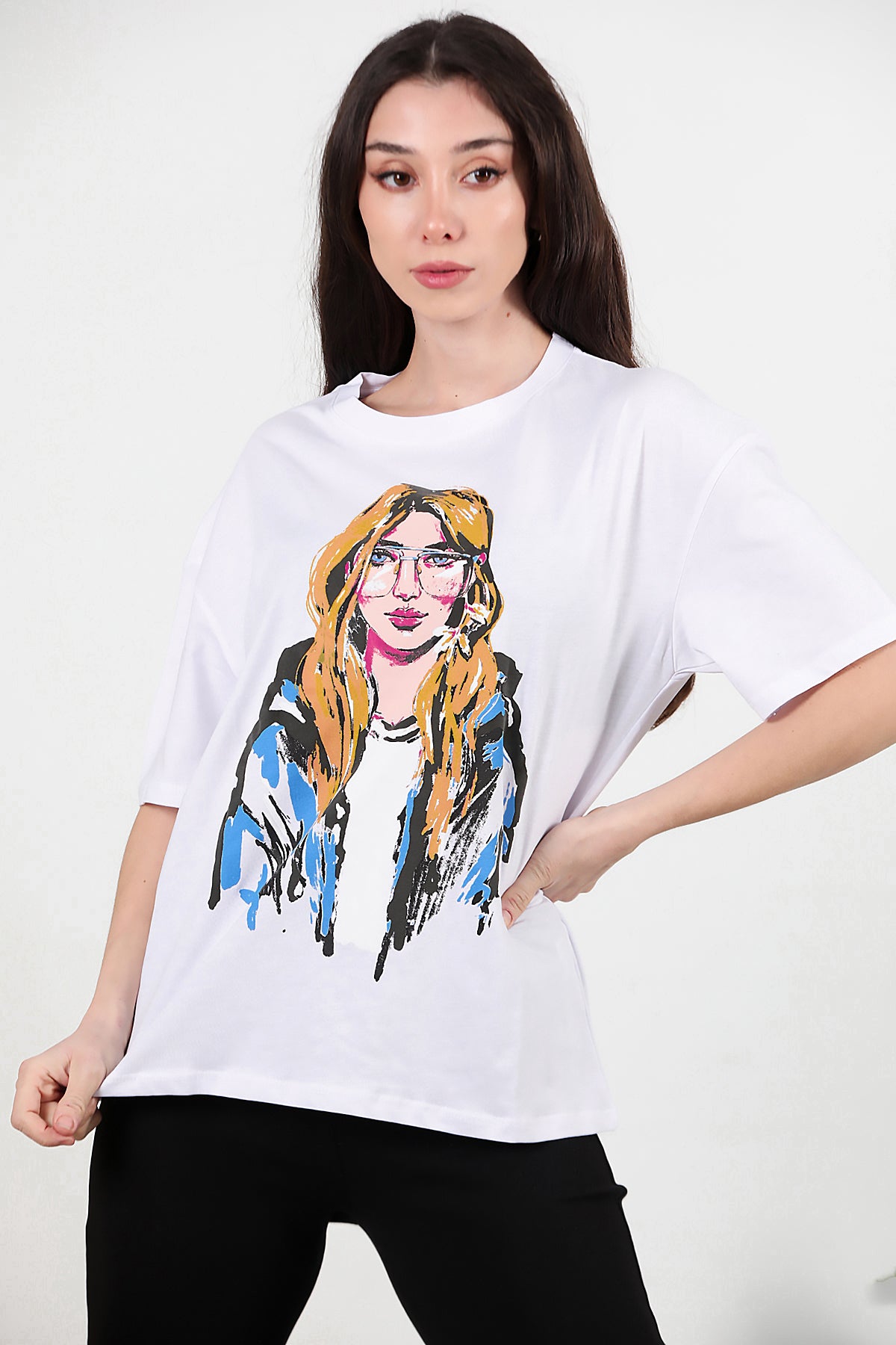 Kadın Baskılı Oversize T-shirt Ekru