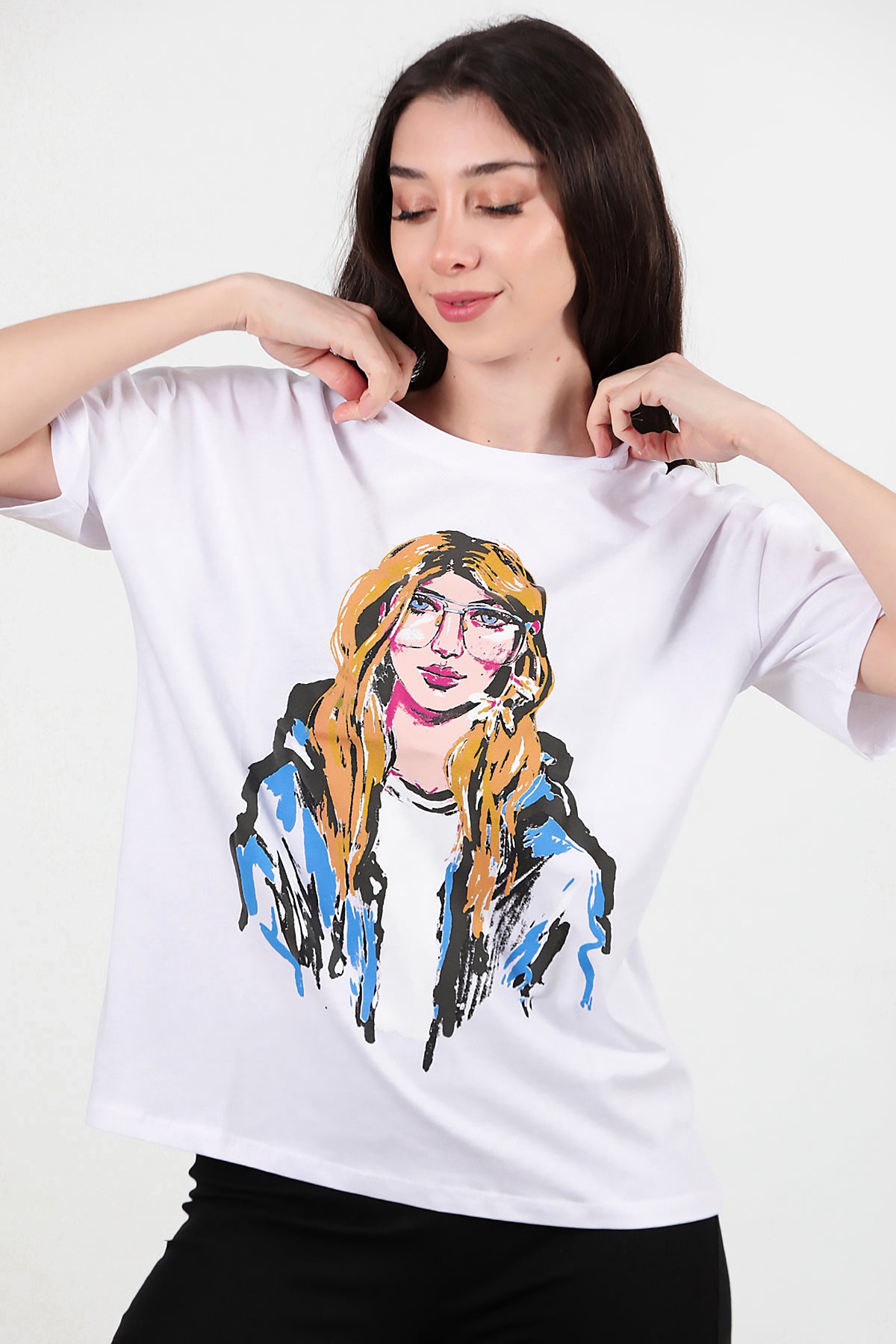 Kadın Baskılı Oversize T-shirt Ekru