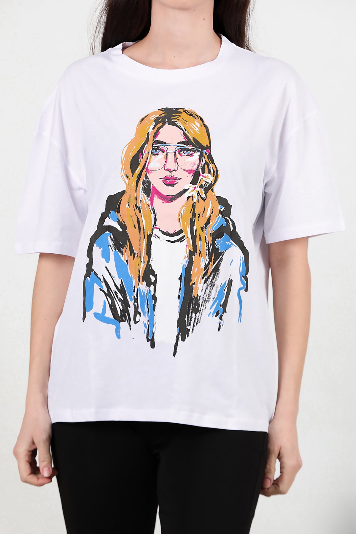 Kadın Baskılı Oversize T-shirt Ekru