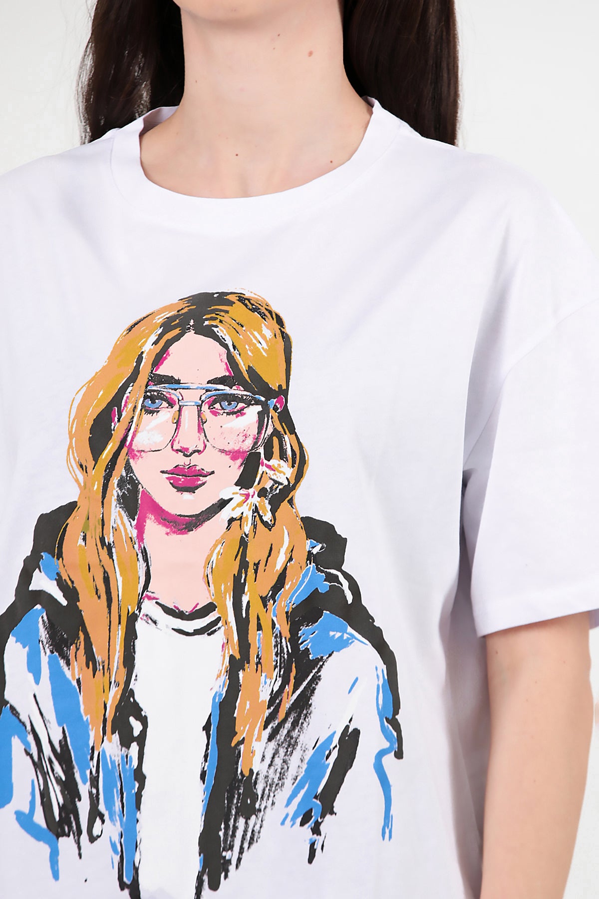 Kadın Baskılı Oversize T-shirt Ekru