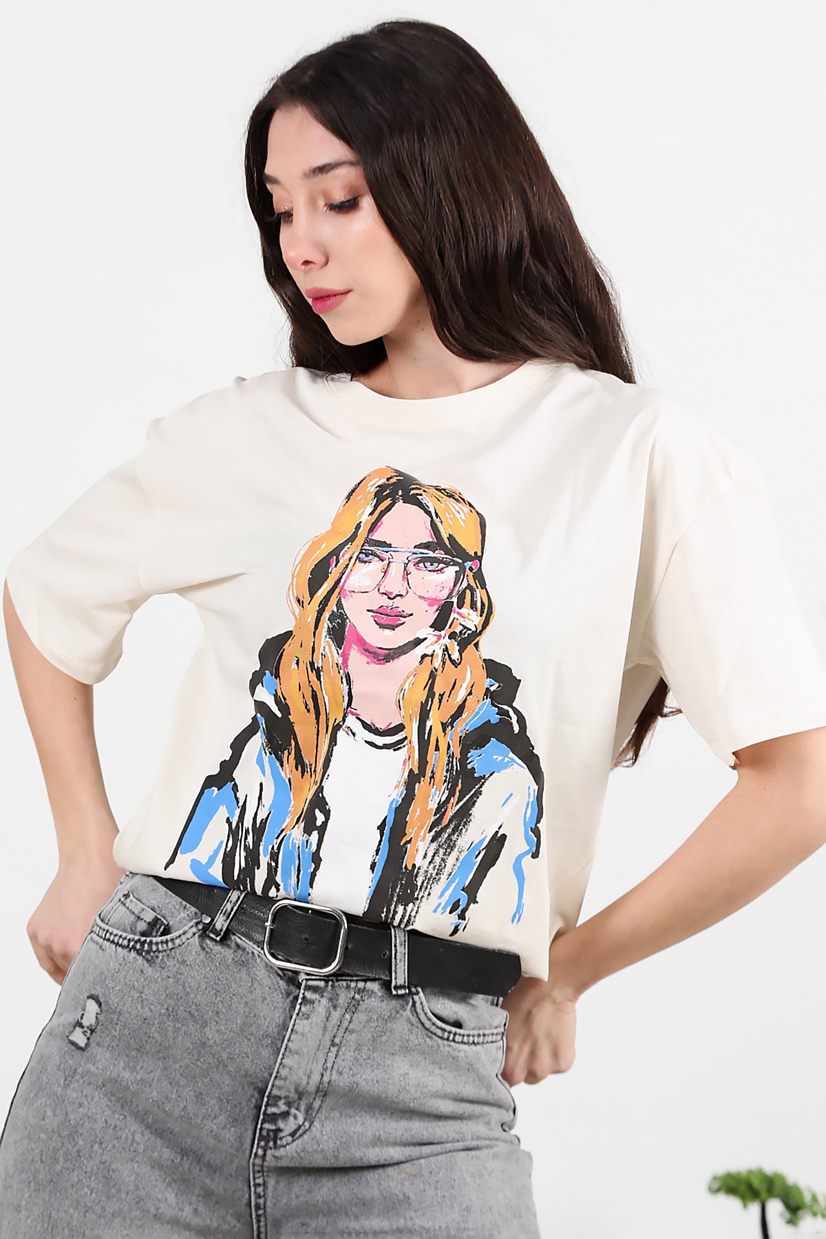 Kadın Baskılı Oversize T-shirt Krem