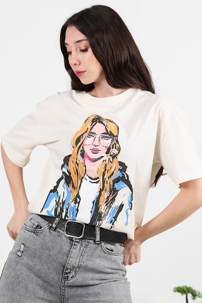 Kadın Baskılı Oversize T-shirt Krem