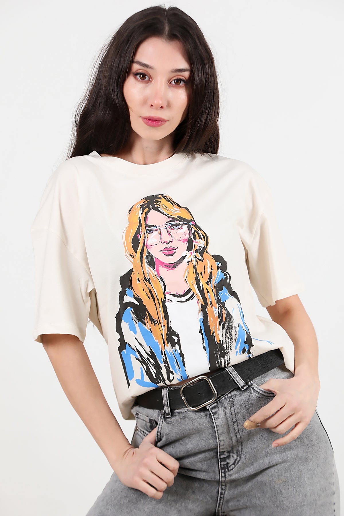 Kadın Baskılı Oversize T-shirt Krem