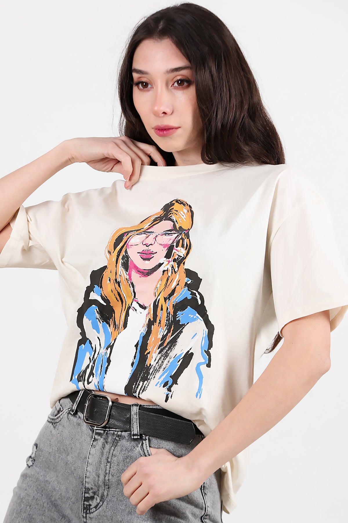 Kadın Baskılı Oversize T-shirt Krem