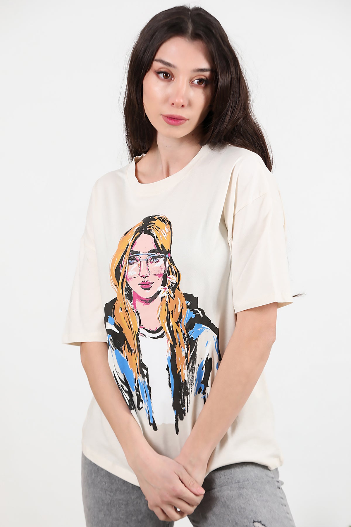 Kadın Baskılı Oversize T-shirt Krem