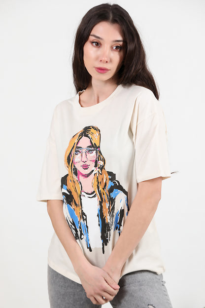 Kadın Baskılı Oversize T-shirt Krem