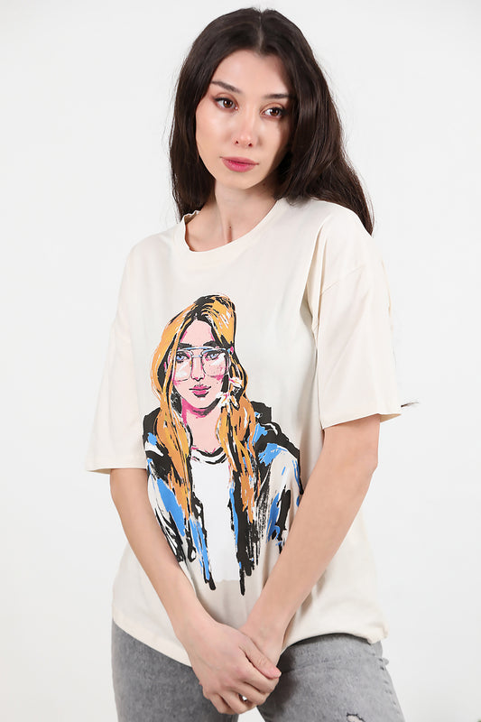 Kadın Baskılı Oversize T-shirt Krem