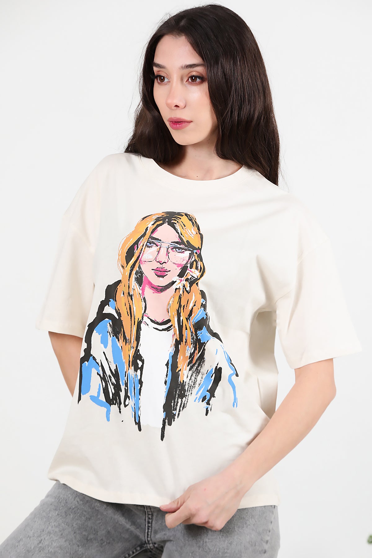 Kadın Baskılı Oversize T-shirt Krem