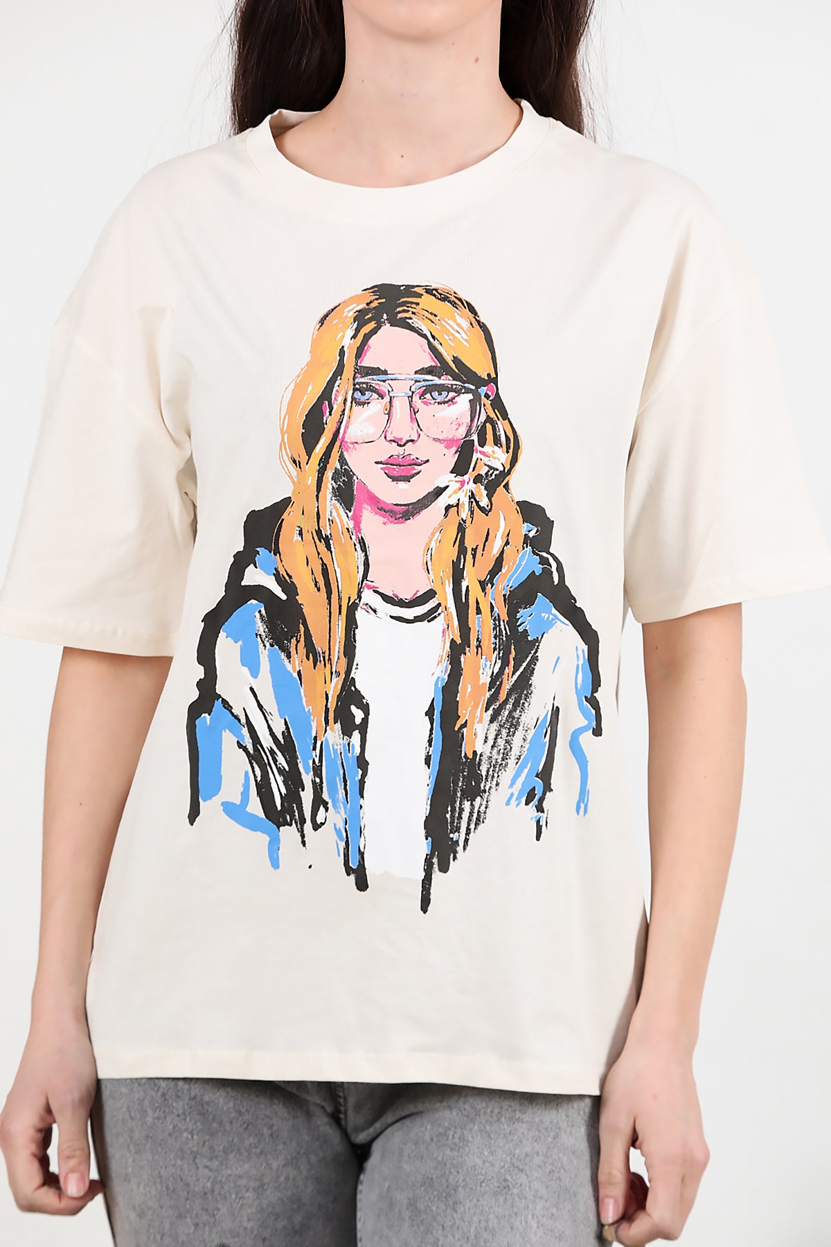 Kadın Baskılı Oversize T-shirt Krem