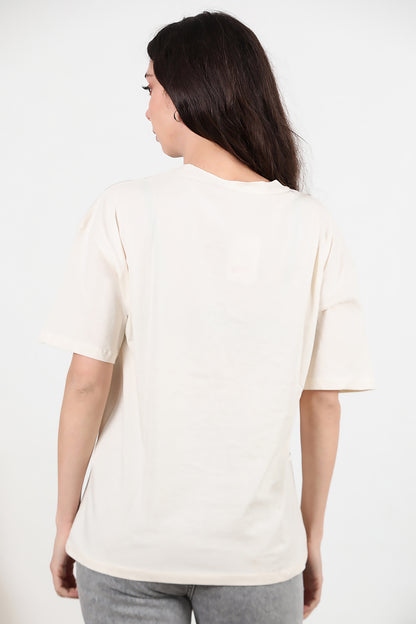 Kadın Baskılı Oversize T-shirt Krem