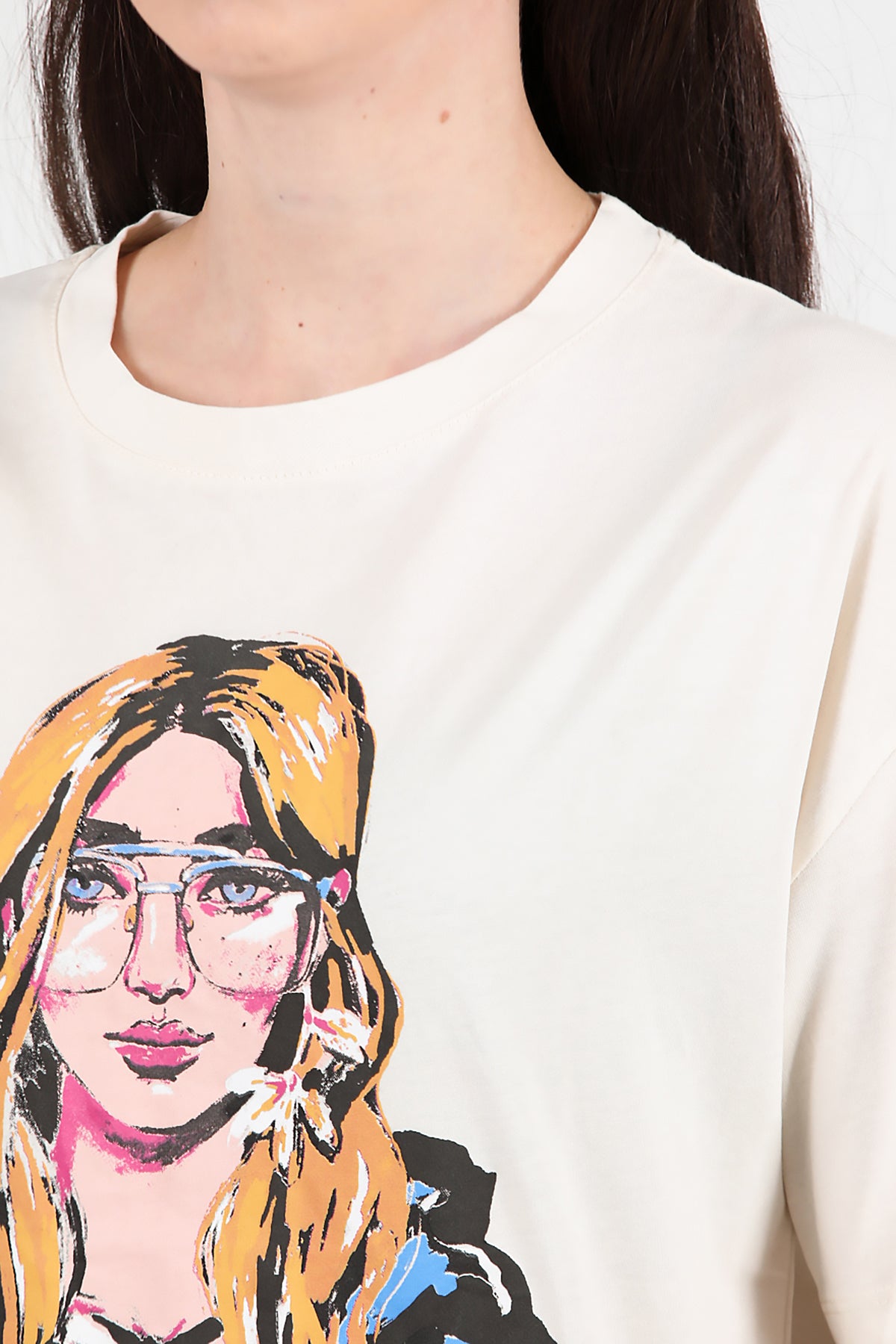 Kadın Baskılı Oversize T-shirt Krem