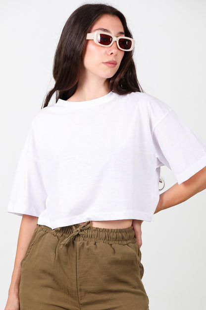 Kadın Bisiklet Yaka Kısa T-Shirt Beyaz