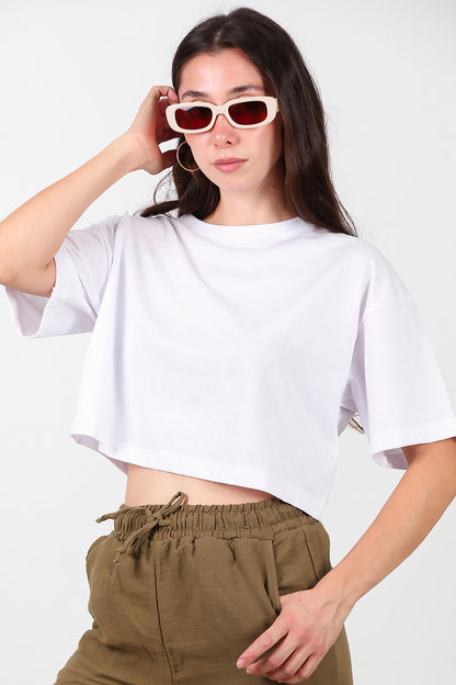 Kadın Bisiklet Yaka Kısa T-Shirt Beyaz